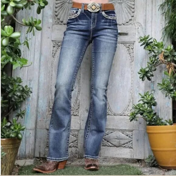 Miss Me - Fleur de lis bootcut Mid Wash Blingy - 30 - Picture 1 of 13